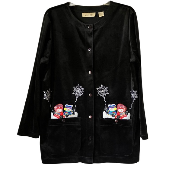 Analogy Velvety Soft Cardigan with Cute Snowmen by the Pockets, Black, Sz. L - Picture 1 of 8